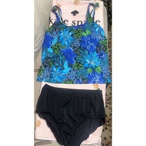 Maxine of Hollywood 2 Piece Blue Floral Takini Top w Bottom Swimsuit Set Size 24